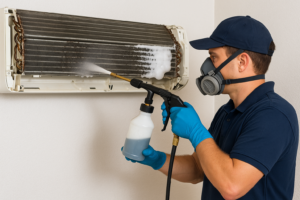 an ac technician cleaning ac coil in dubai