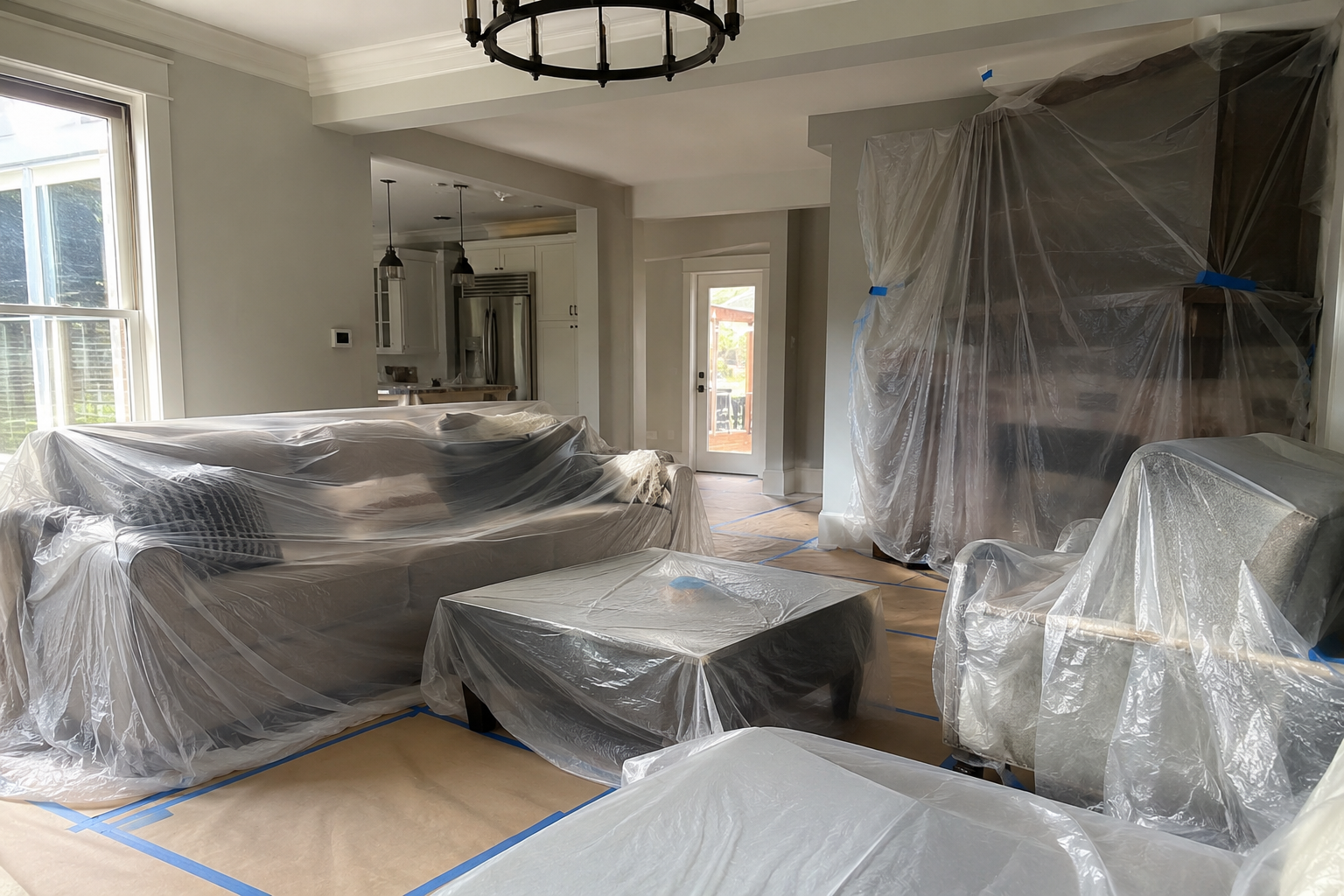 Furniture covered with plastic sheets before AC duct cleaning in Dubai by AirChill AC